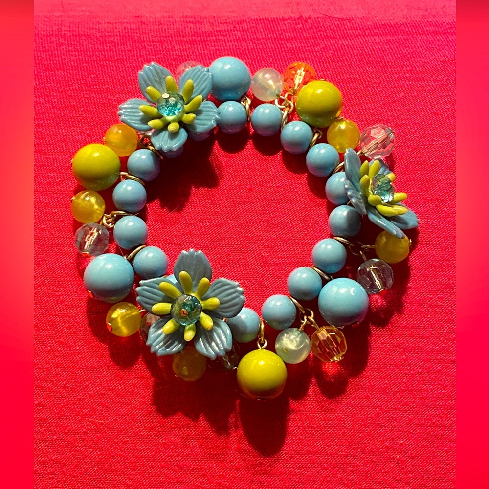 Antique celluloid VTG plastic,Bakelite stretch bracelet,blue/green flowers/beads